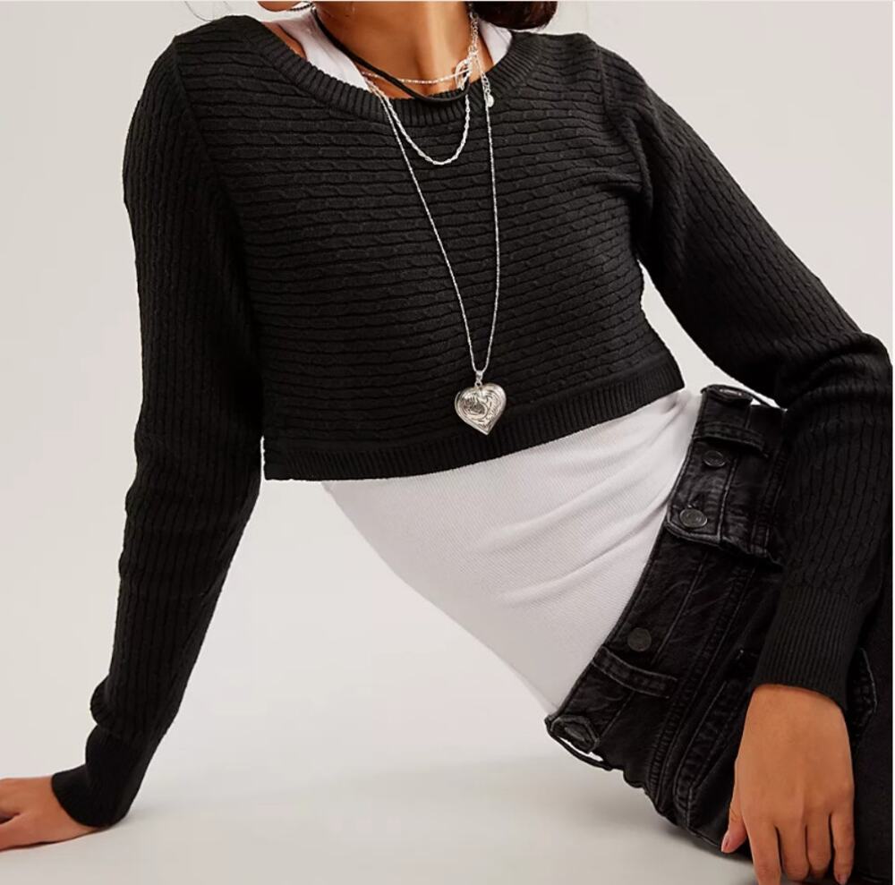 Free People On The Town Crop Sweater Open Back Black Long Sleeve XL